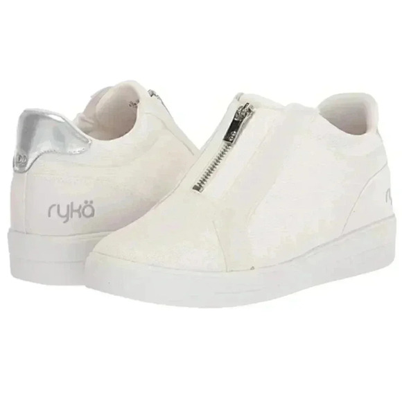 Ryka Wedge Sneakers Womens 8.5 WIDE White Vibe Mesh Zipper Fashion Shoes NEW - Picture 1 of 7